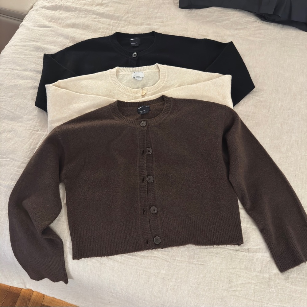 Women's Cardigan Sweater Set - Black, Cream, and Brown